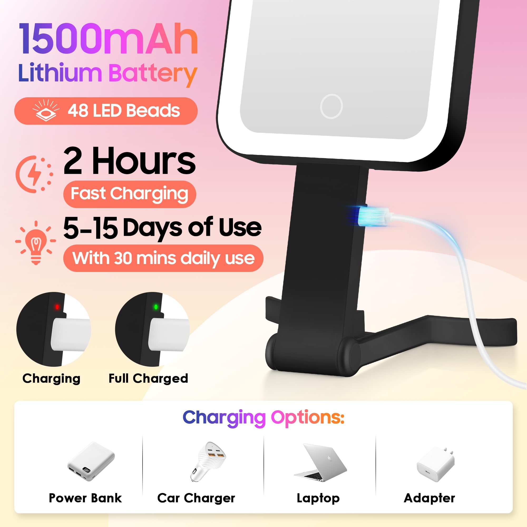 GOMIPURU rechargeable mirror with 1500mAh battery is travel-ready.