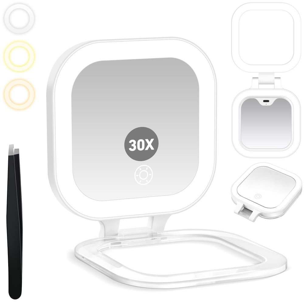GOMIPURU travel mirror with light showing 1x/30x magnification for precise makeup application