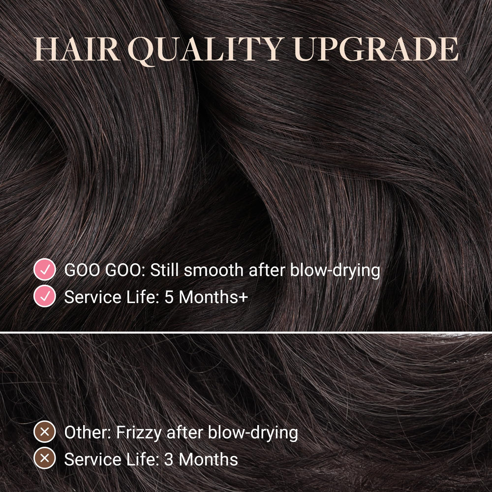 Goo GOO Remy hair extensions in dark brown 20inch for a smooth blend.