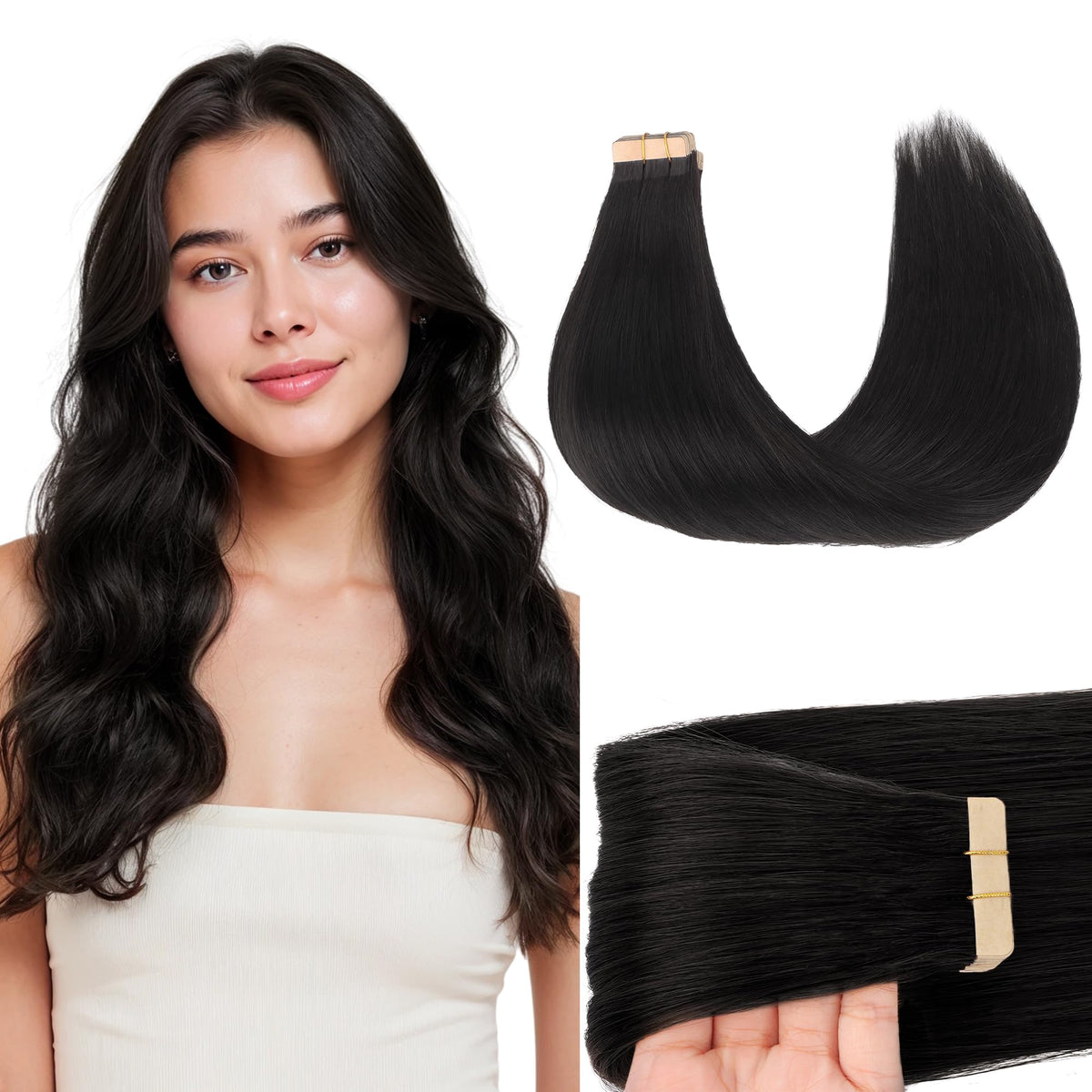 GOO GOO tape-in extensions natural black 20inch close-up showing seamless blend