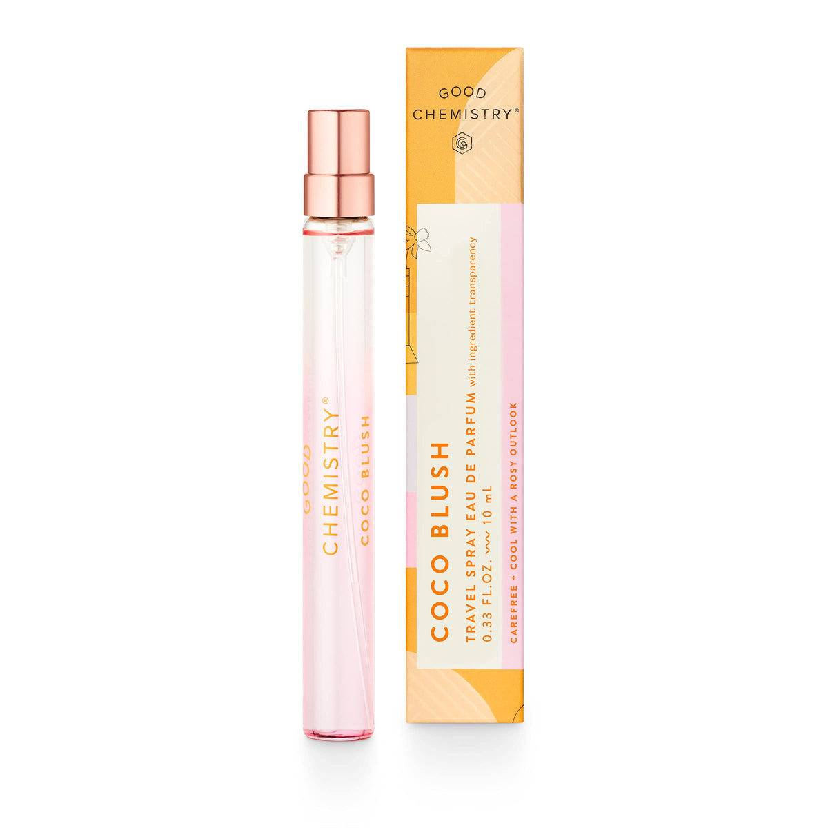 Good Chemistry Coco Blush travel spray bottle for on-the-go freshness.