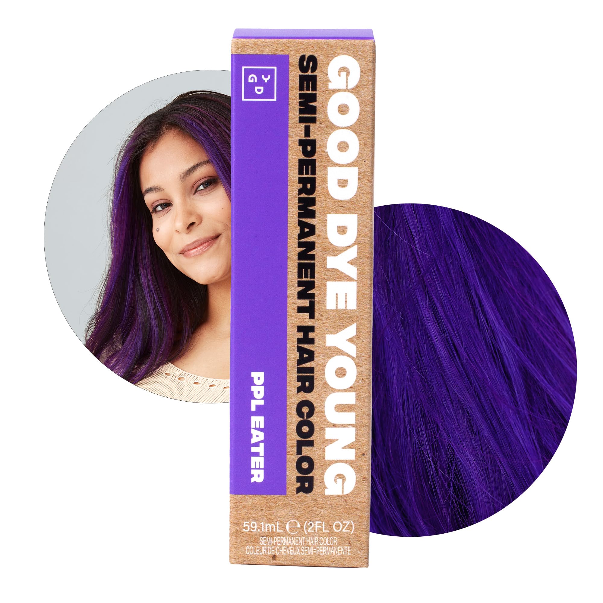 Good Dye Young purple streaks color on hair with vibrant, conditioning finish