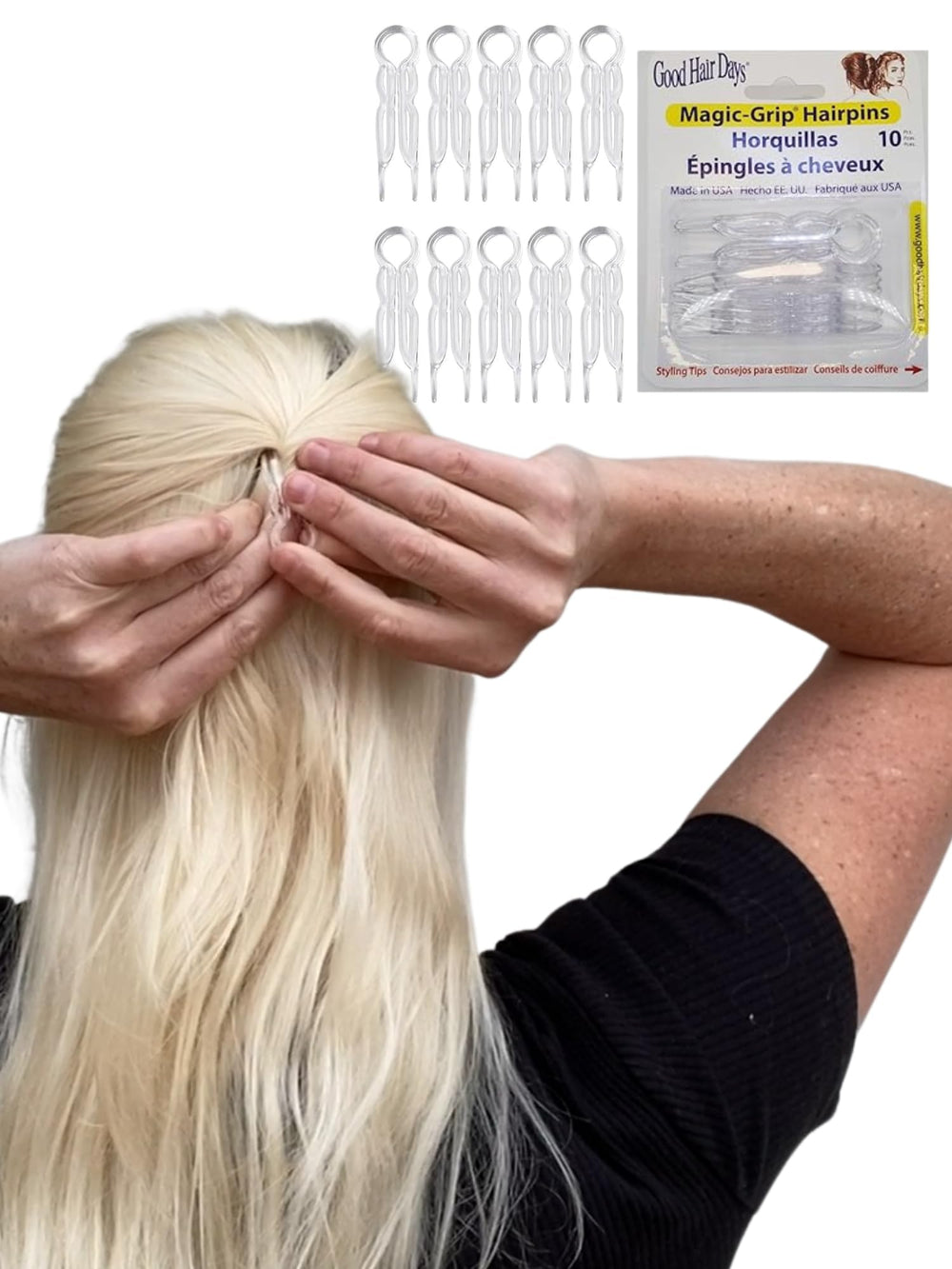 Good Hair Days crystal magic grip hair pin 2 1/2 inch for all-day secure hold.