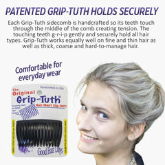 Grip-Tuth side combs lock hair with gentle teeth for all-day hold.