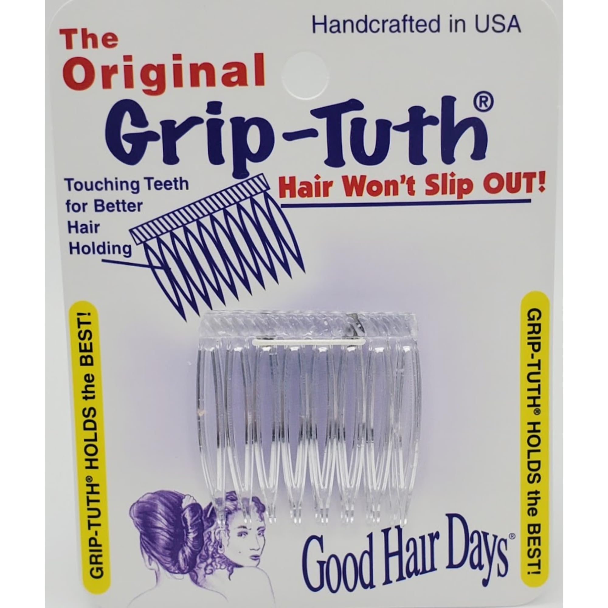 Good Hair Days Grip-Tuth side combs in clear color provide secure updo support.
