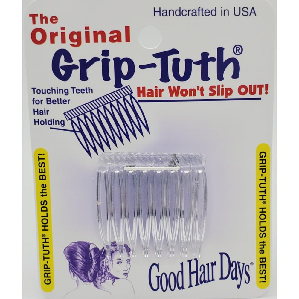 Good Hair Days Grip-Tuth side combs in clear color provide secure updo support.