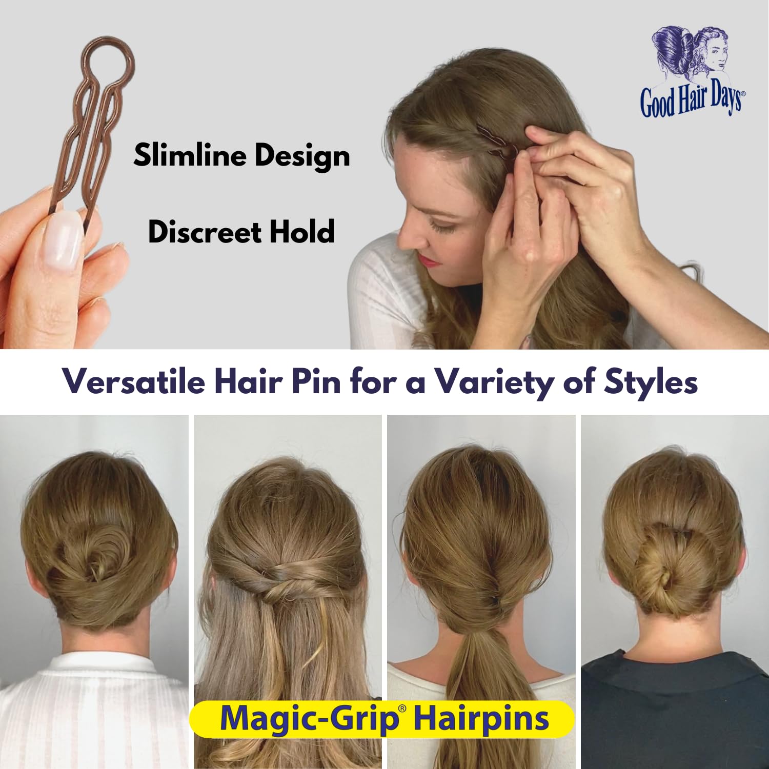 Good Hair Days hair pins in action for versatile fine to thick hair.