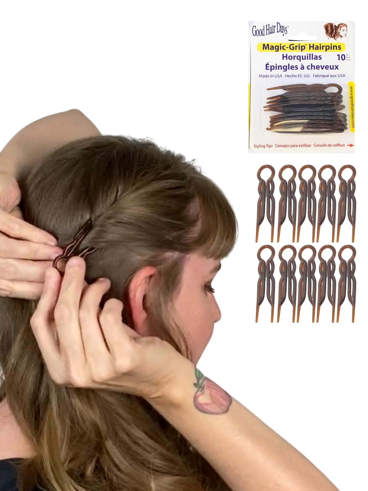 Good Hair Days tortoise shell hair pins close-up show durable plastic grip for all-day hold