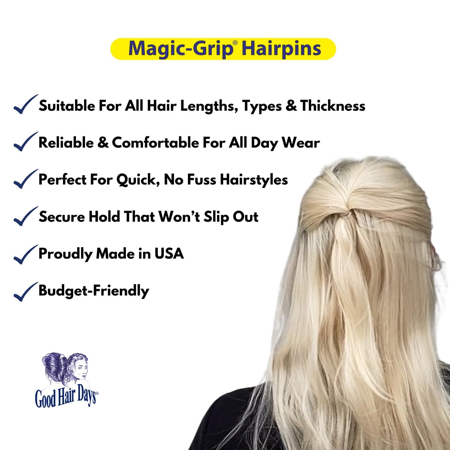 Good Hair Days invisible hair pin close-up with smooth tips for sleek updos.