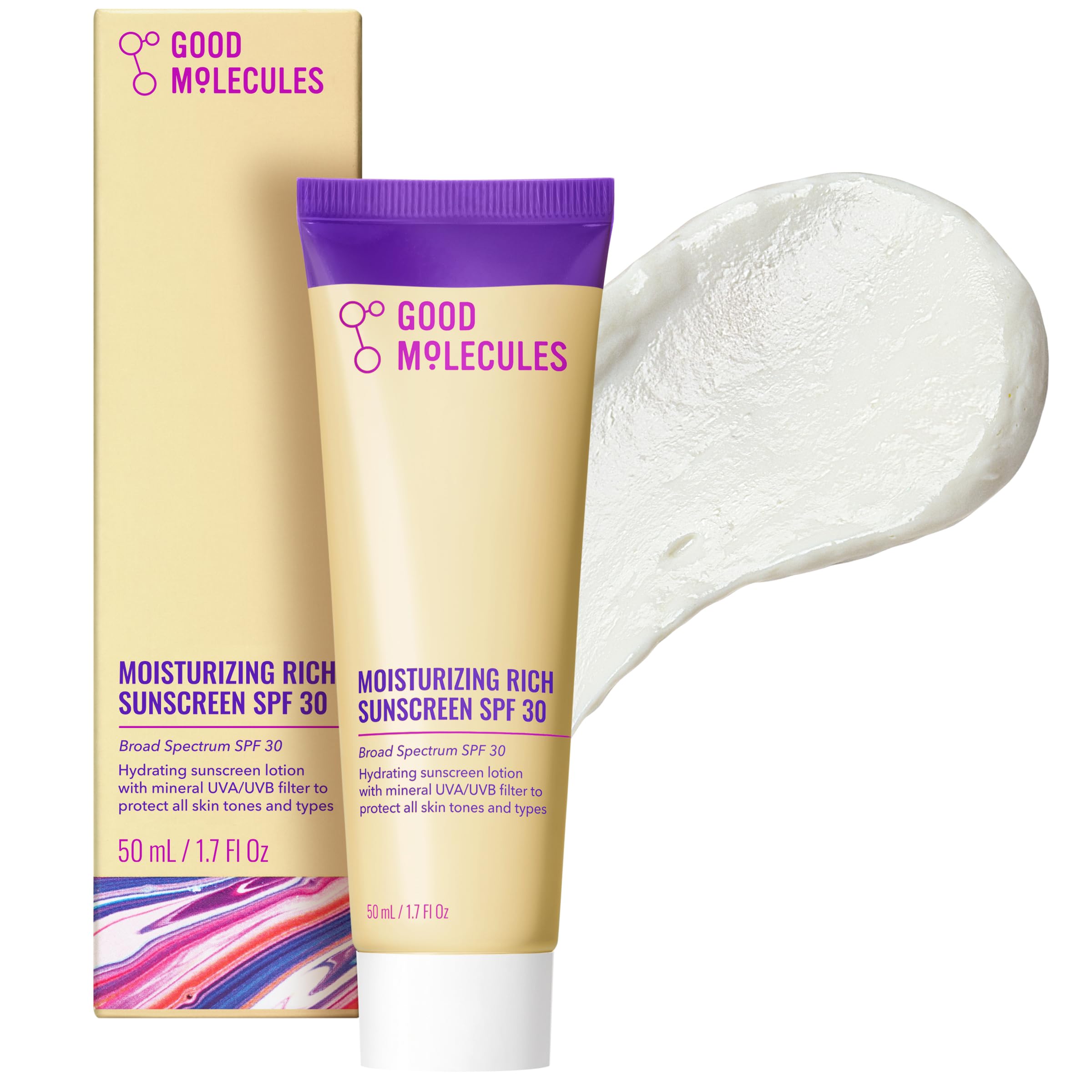 Good Molecules protector solar en bote de 50 ml, vista frontal, ideal para uso diario.