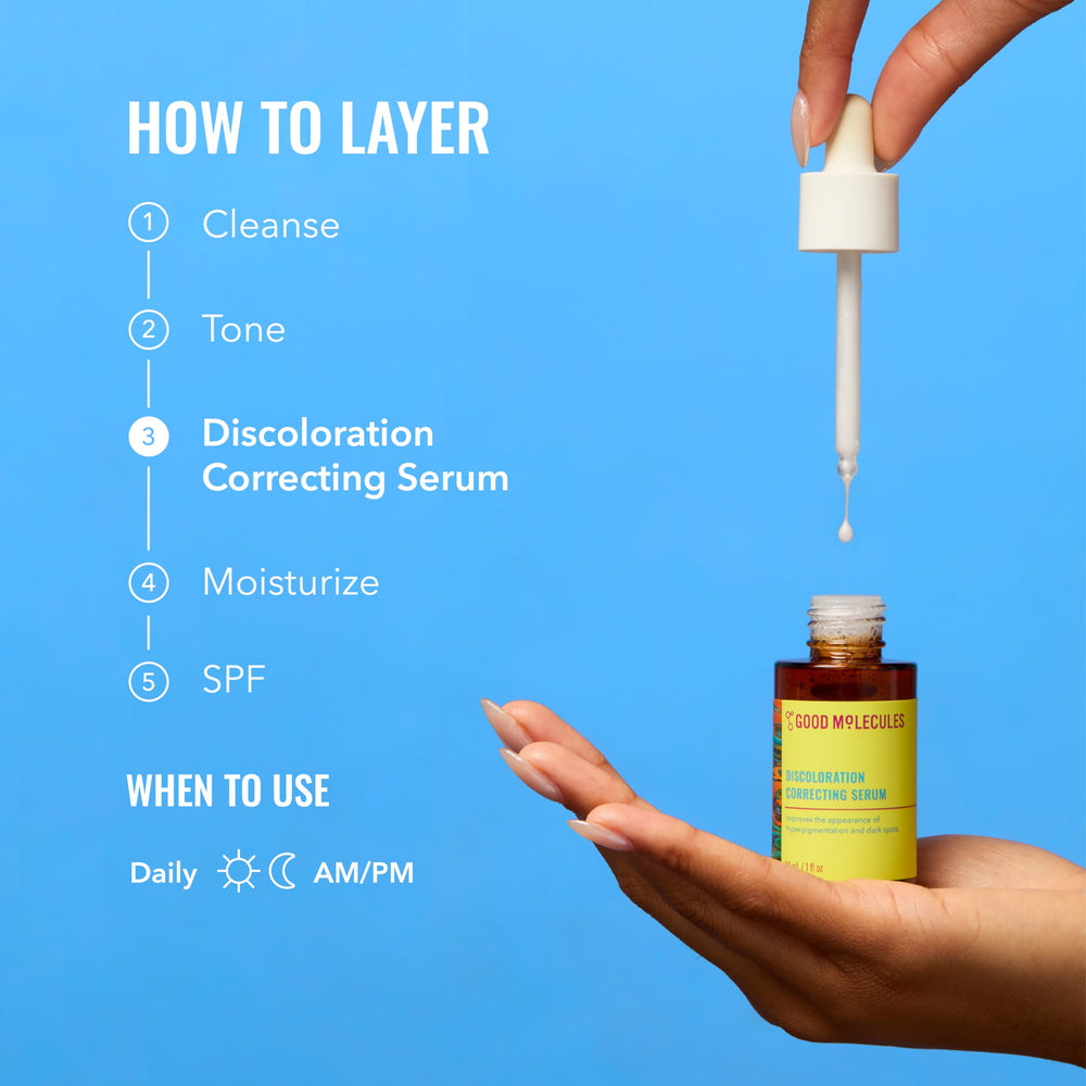 Good Molecules Discoloration Correcting Serum on dresser top ready for use.