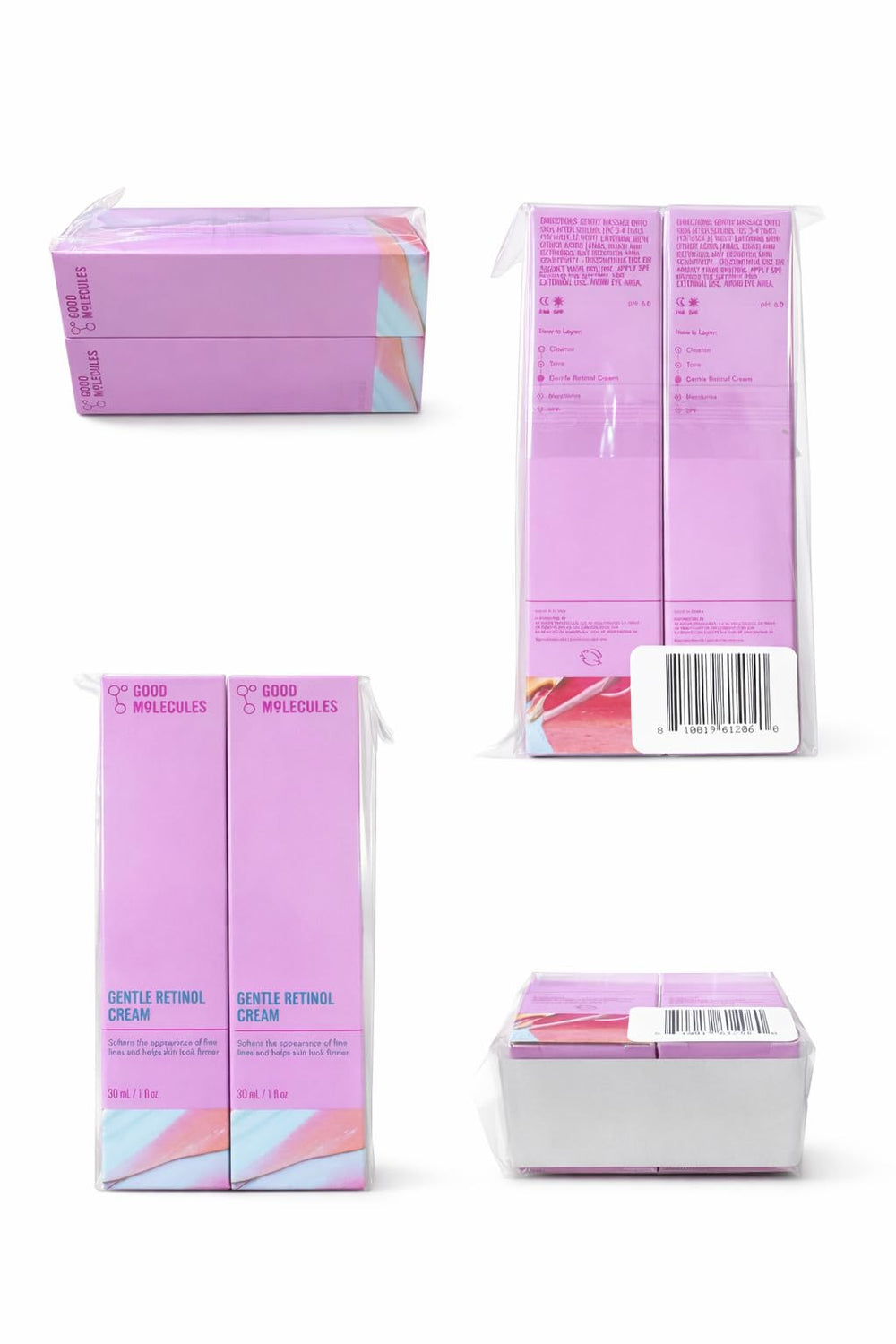 Good Molecules Gentle Retinol Cream caja y frascos, diseño compacto para viaje.
