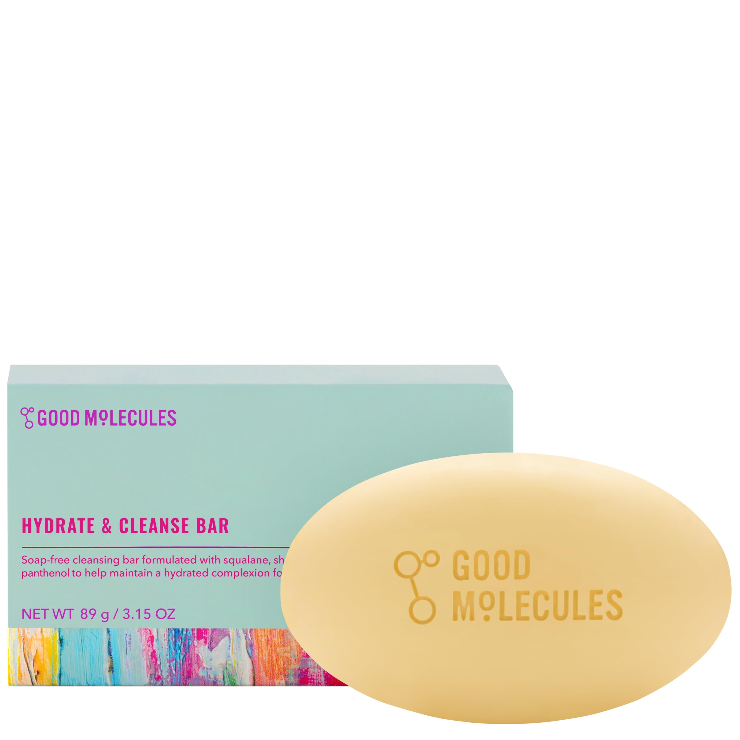 Good Molecules Hydrate and Cleanse Bar creates a creamy face and body lather for gentle cleansing.
