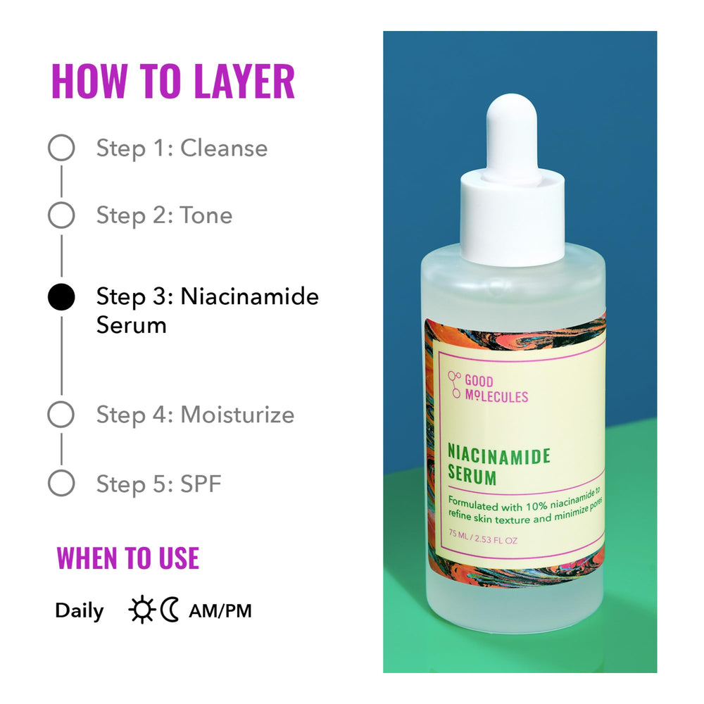 Good Molecules Niacinamida Serum, poros más definidos, tono más uniforme con uso continuo.