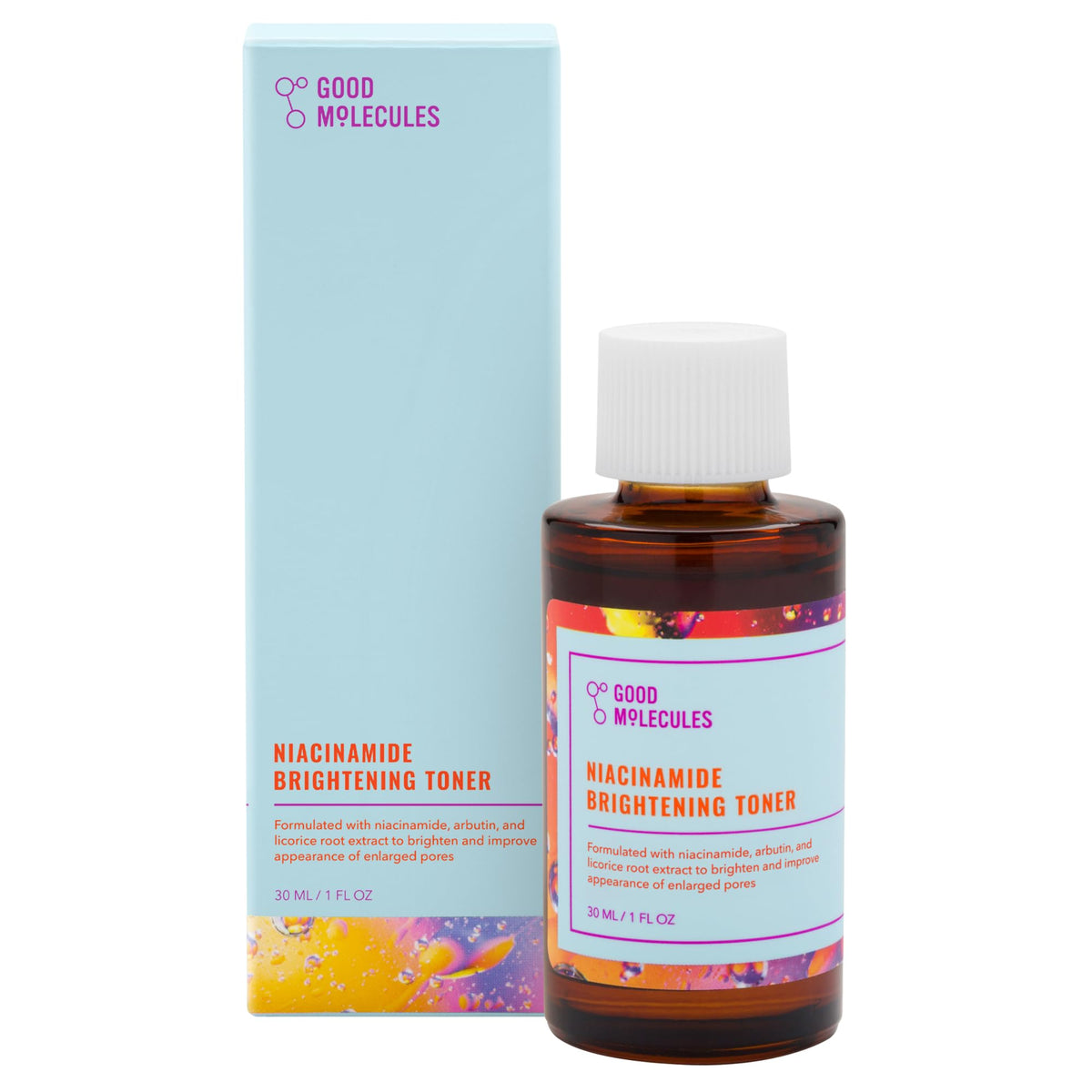 Good Molecules Niacinamide Brightening Toner bottle supports balanced skin tone.