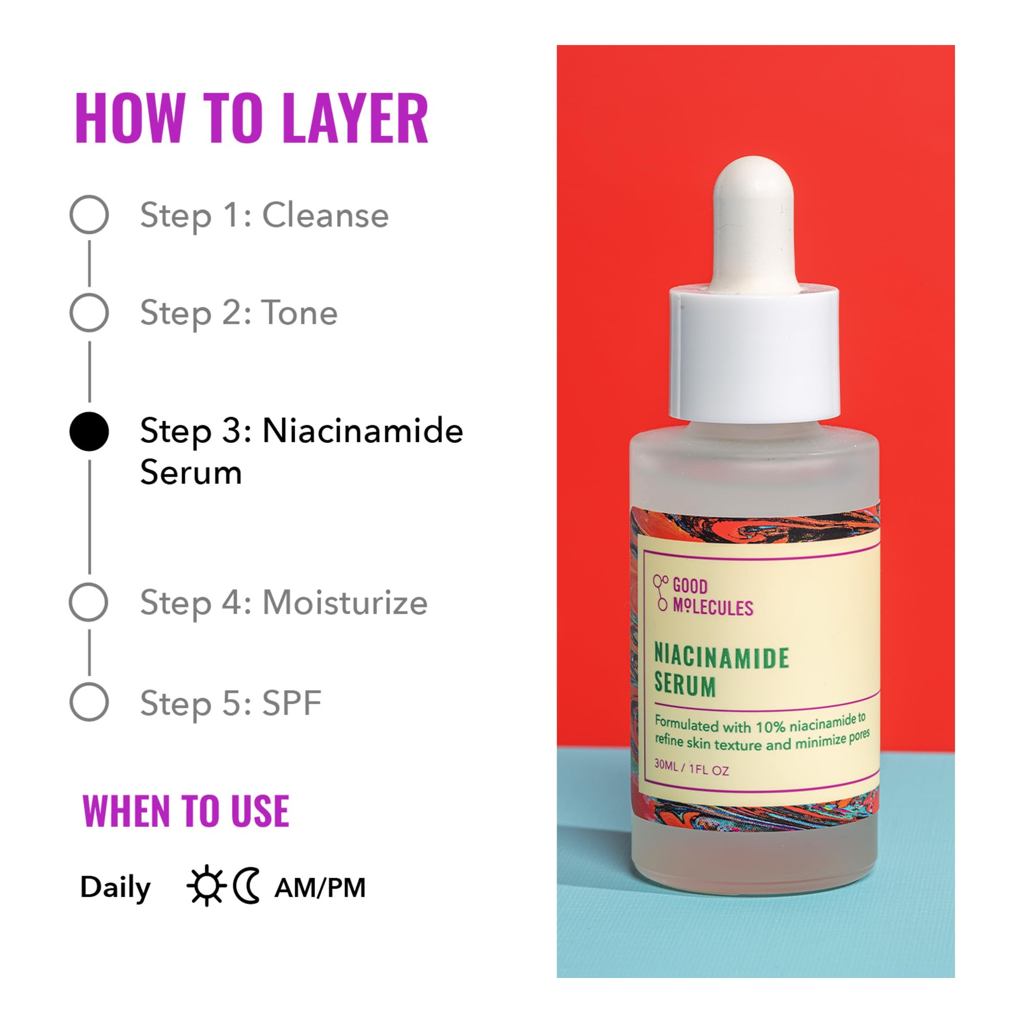 Good Molecules Niacinamide Serum face application in morning boosts refreshed, balanced skin.