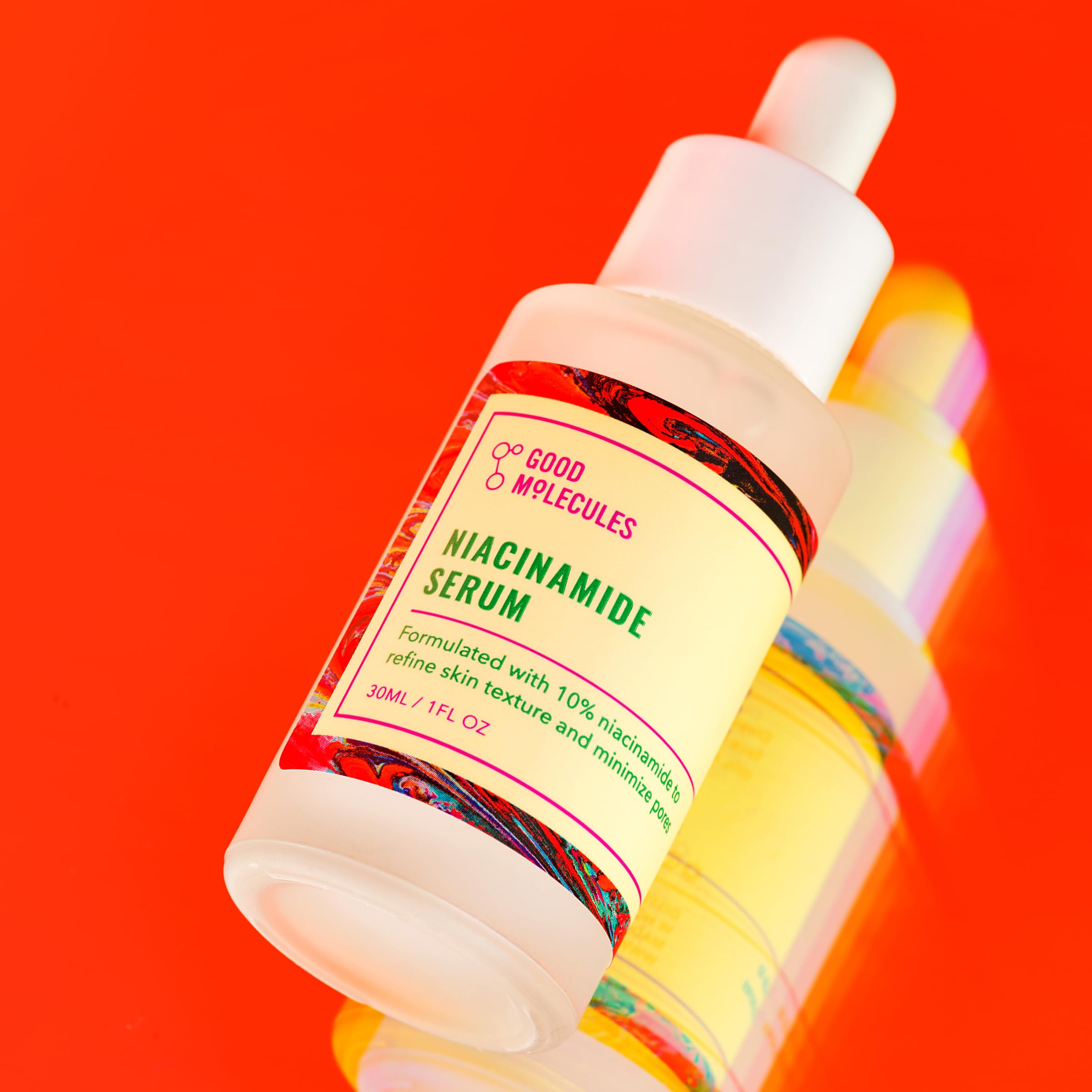 Good Molecules Niacinamide Serum ingredients closeup highlights 10% Niacinamide.