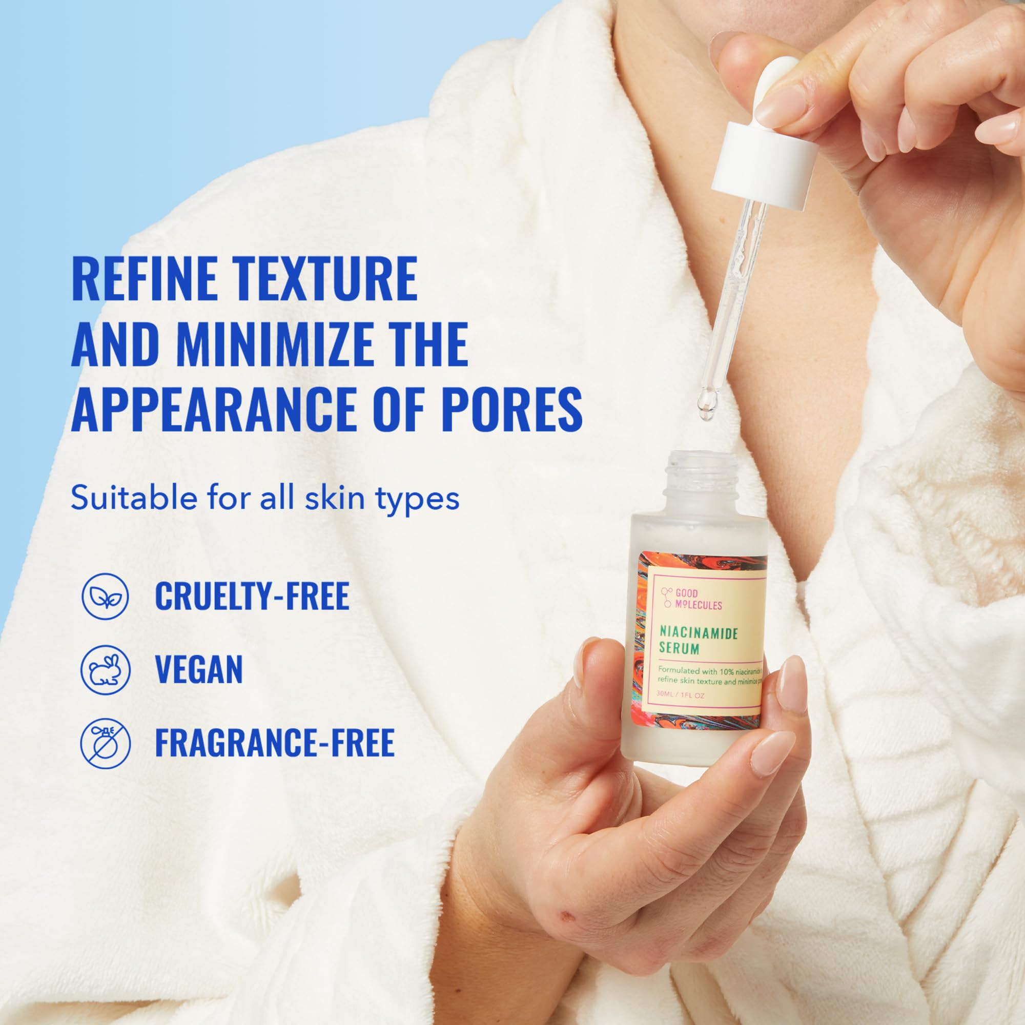 Good Molecules Niacinamide Serum label closeup highlights fragrance-free formula.