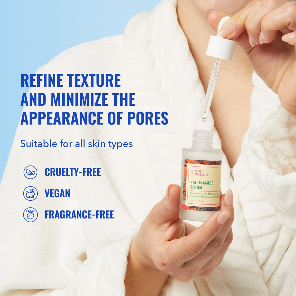 Good Molecules Niacinamide Serum label closeup highlights fragrance-free formula.