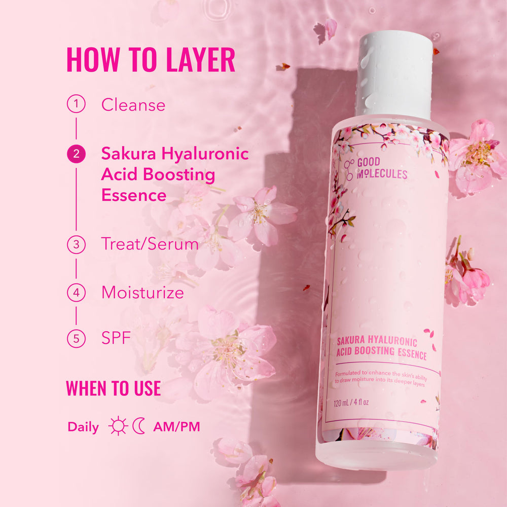 Good Molecules Sakura Acido Hialuronico Boosting Essence, aplicación diaria mañana y noche.