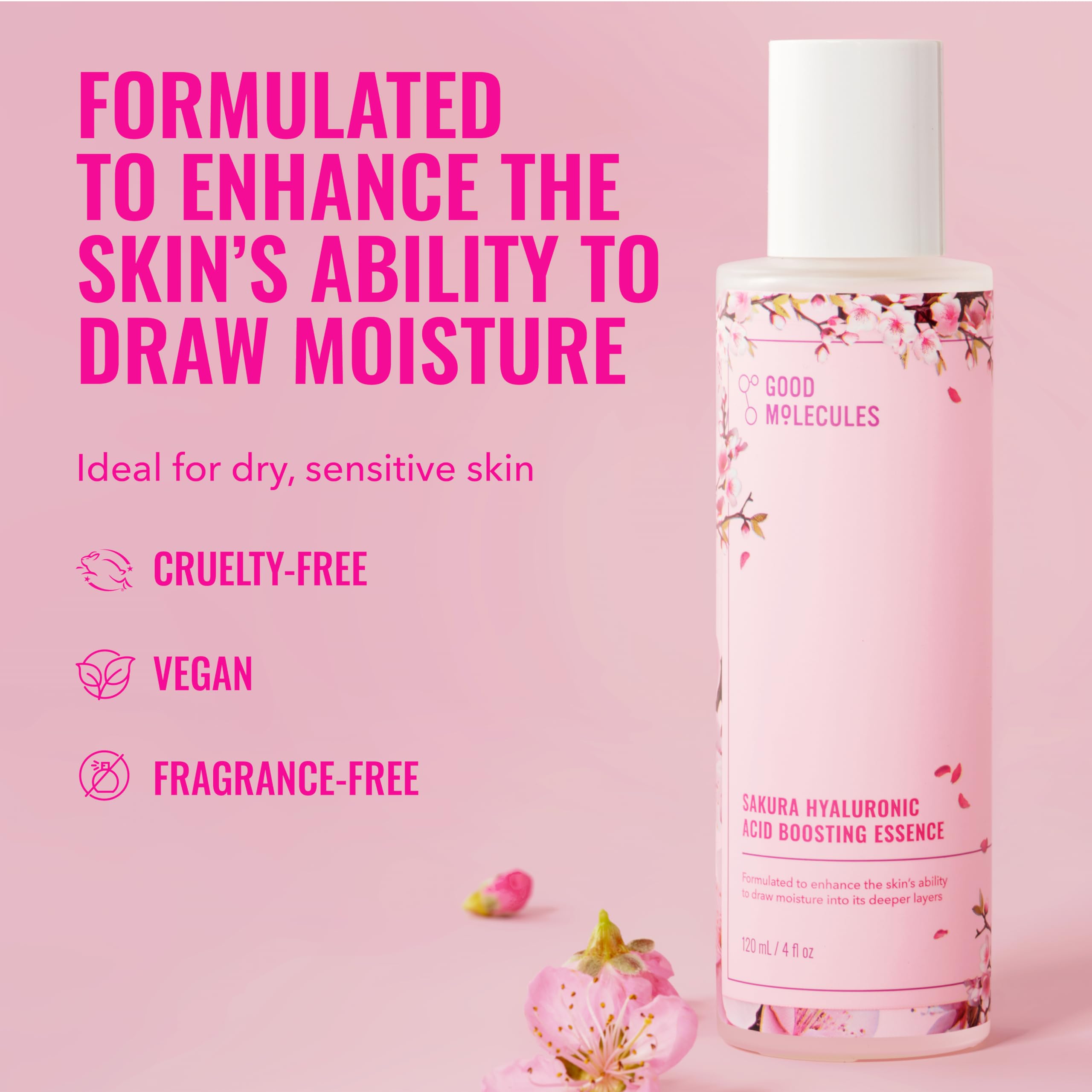 Good Molecules Sakura Acido Hialuronico Boosting Essence, textura ligera para uso diario.