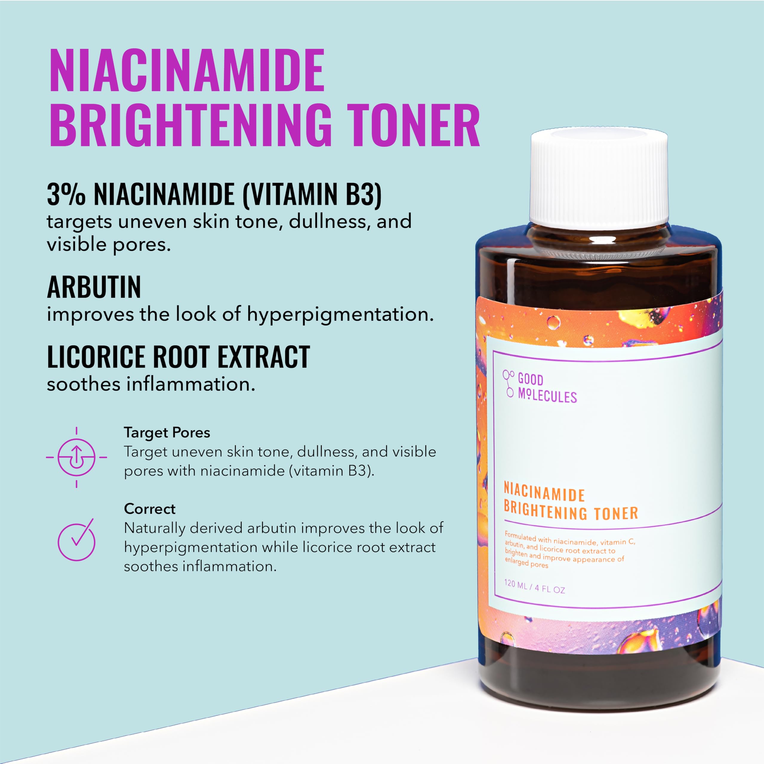 Good Molecules Discoloration Correcting Serum bottle close-up targets discoloration for a more even look.