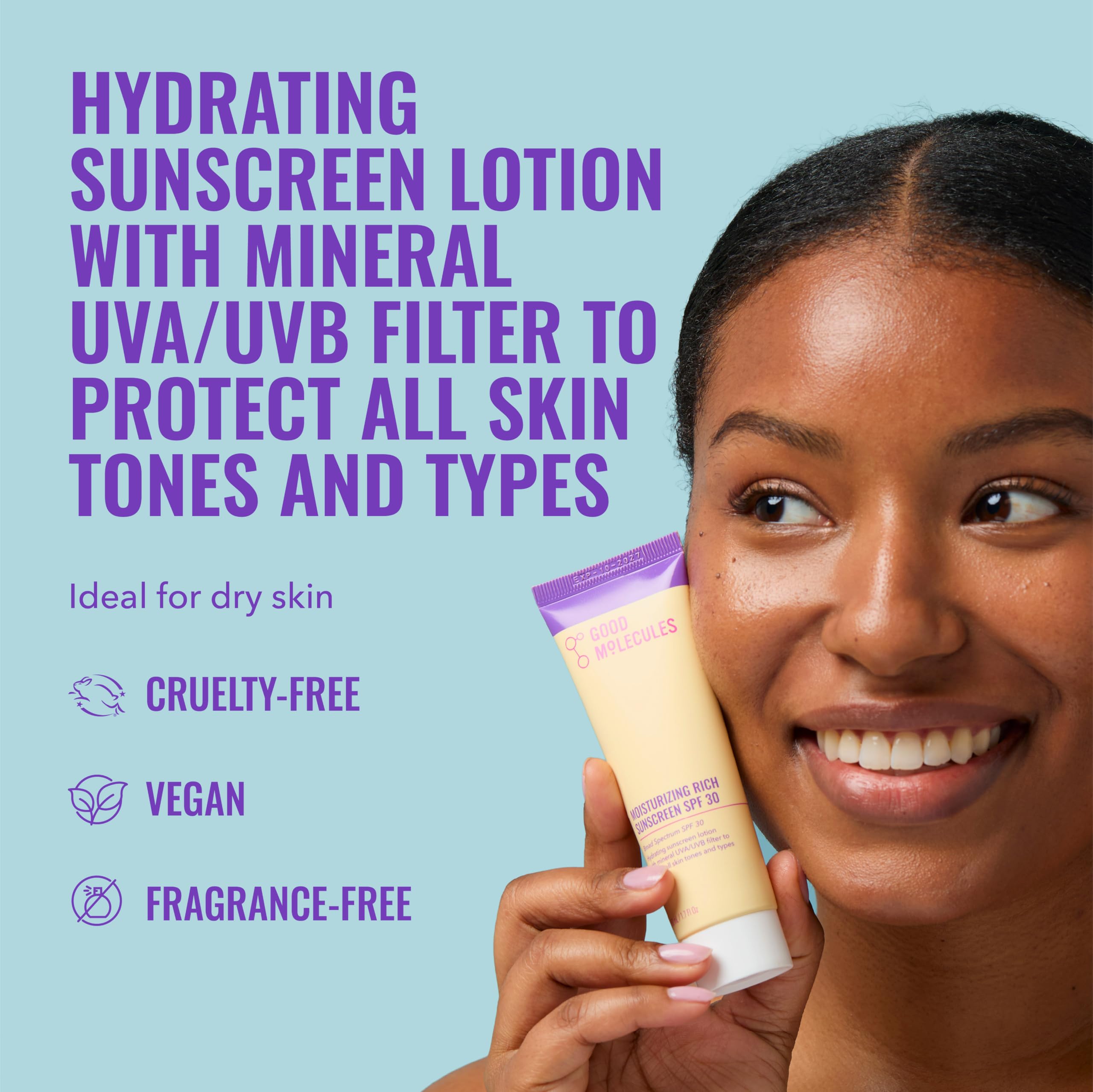 Good Molecules textura crema hidratante, se absorbe rápido, base suave para maquillaje.