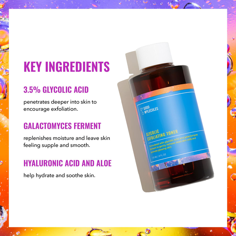 Good Molecules Tónico Exfoliante Glicólico aplicado en la piel por la noche.