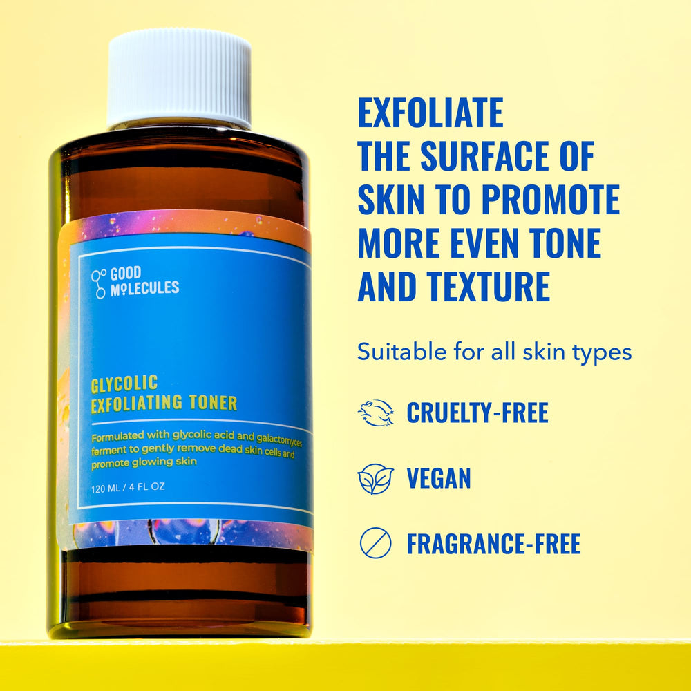 Good Molecules Tónico Exfoliante Glicólico, primer plano de ingredientes para promover hidratación y claridad.