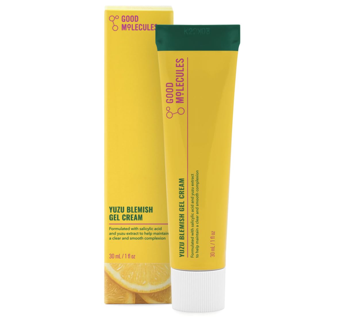 Good Molecules Yuzu Blemish Gel Cream envase compacto para uso diario y sensación ligera