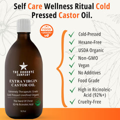 Goodbye castor oil hexane-free label close-up highlights clean sourcing.