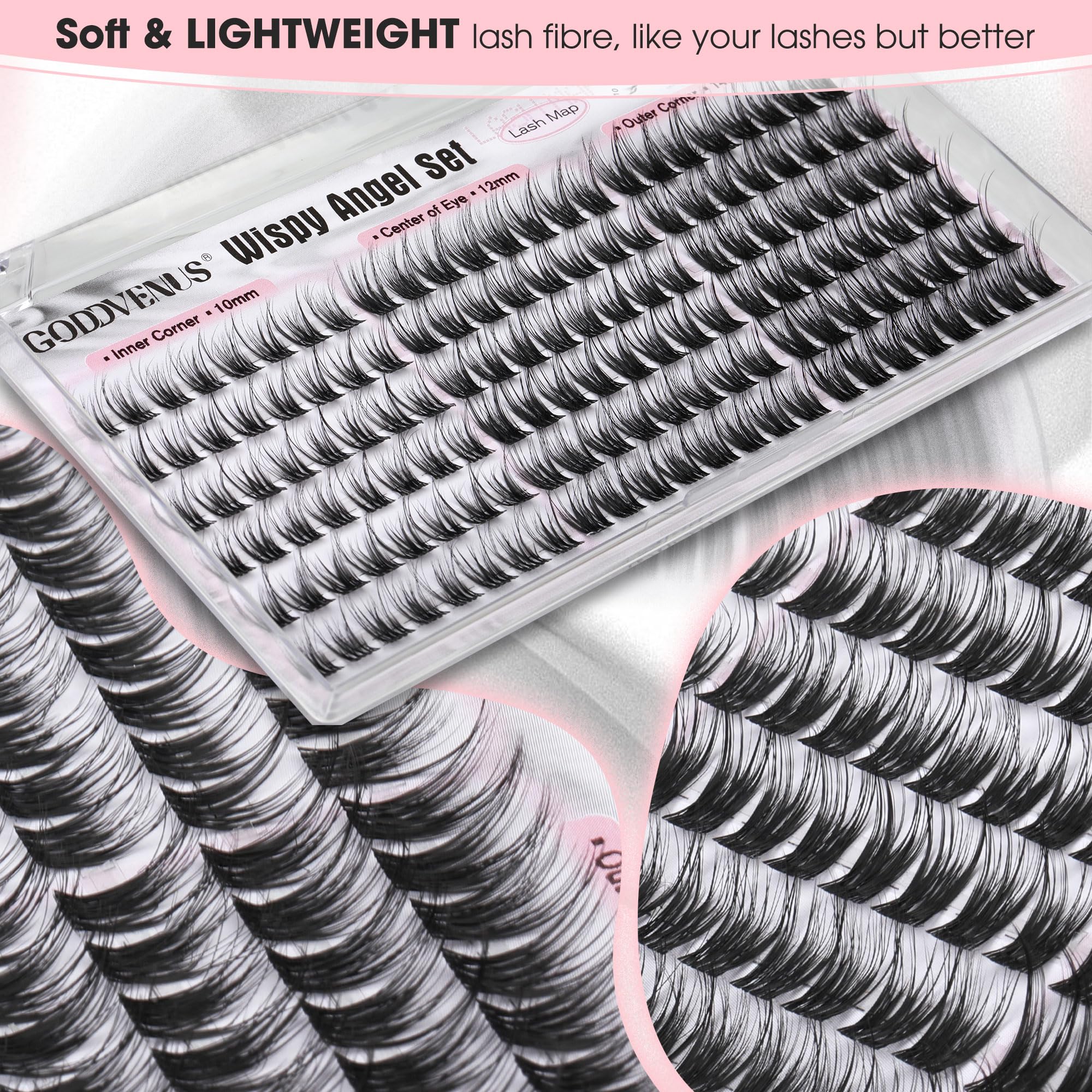 Goddvenus natural finish lash clusters blend with real lashes across 10-12-14mm.