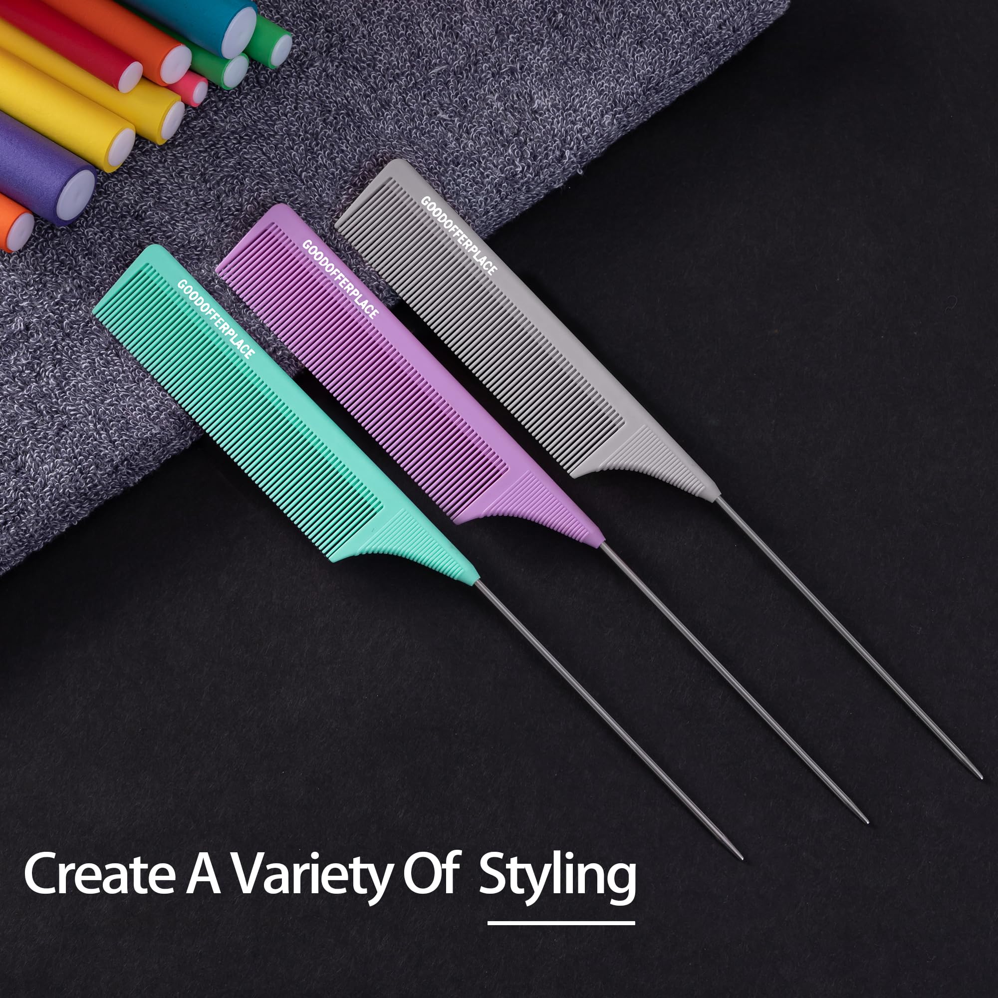 Goodofferplace rat tail comb in use for braiding and arranging hair