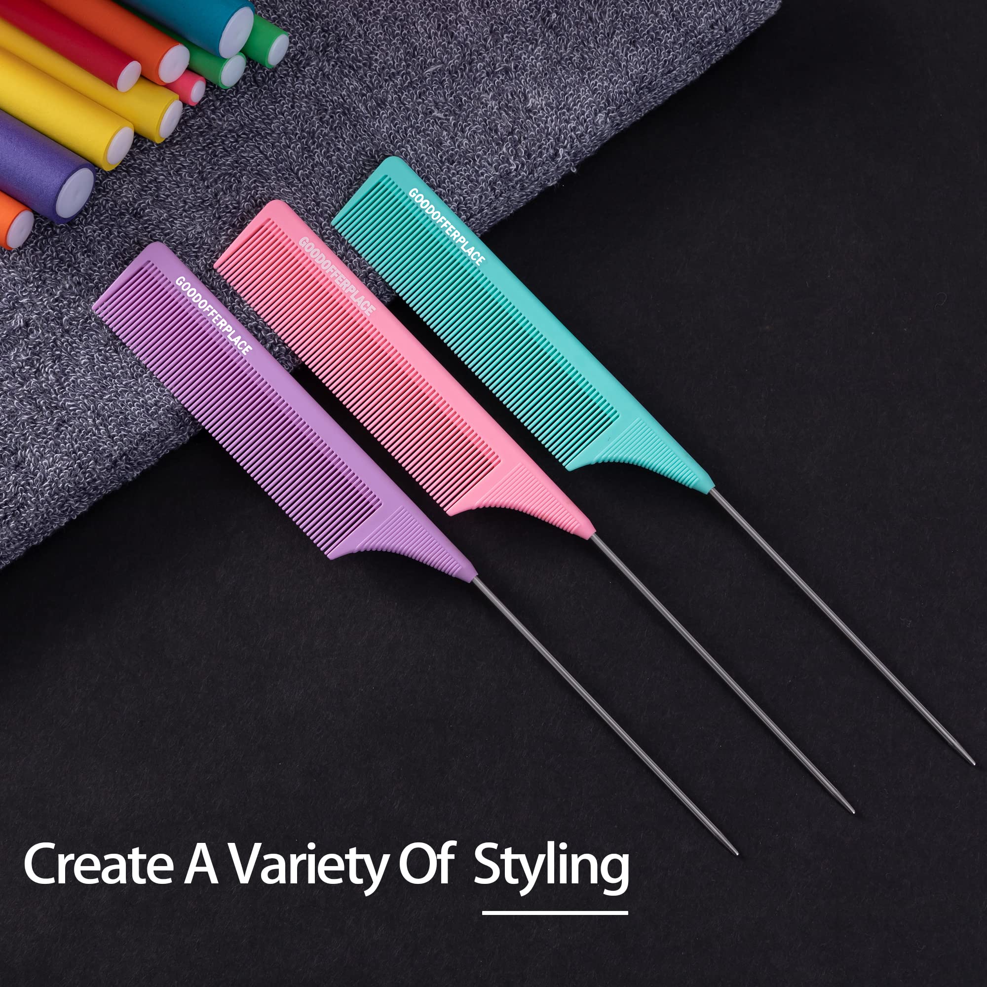 Goodofferplace 3-piece rat-tail comb set arranged for professional salon use