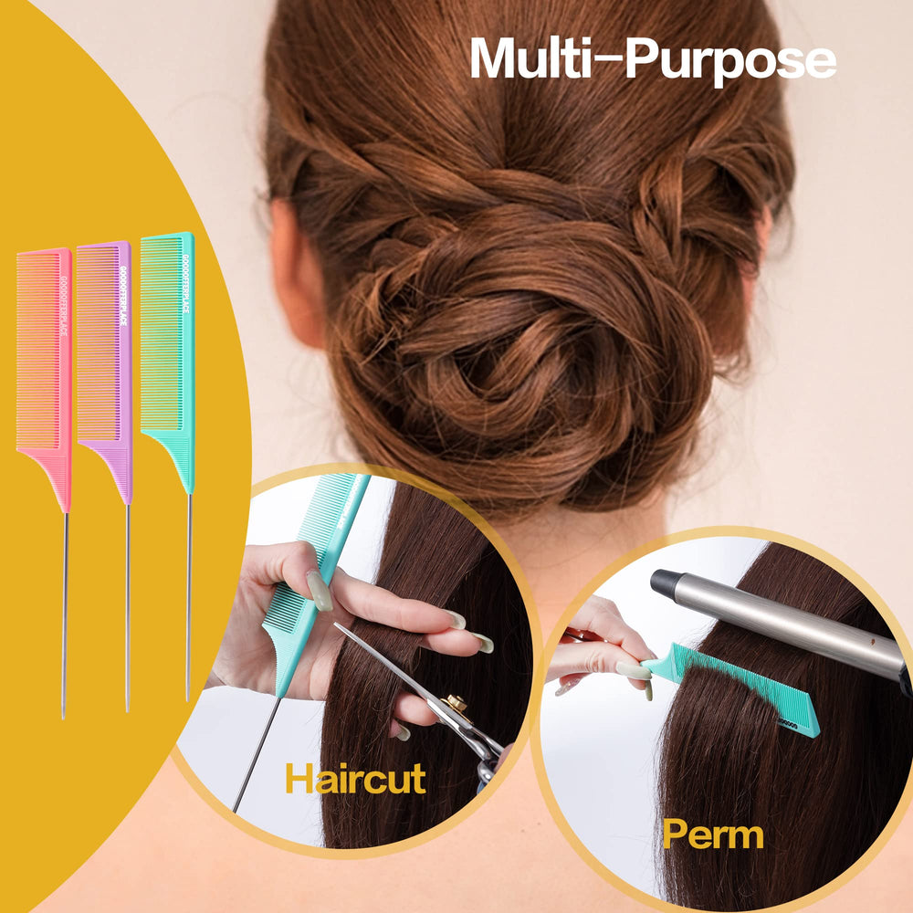 Goodofferplace rat-tail comb purple with metal pick for texture and styling