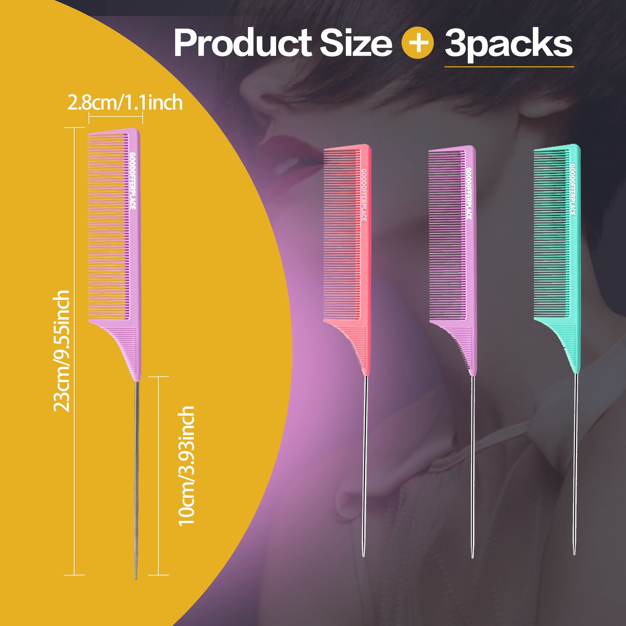 Goodofferplace rat-tail comb purple with teasing teeth for volume and control