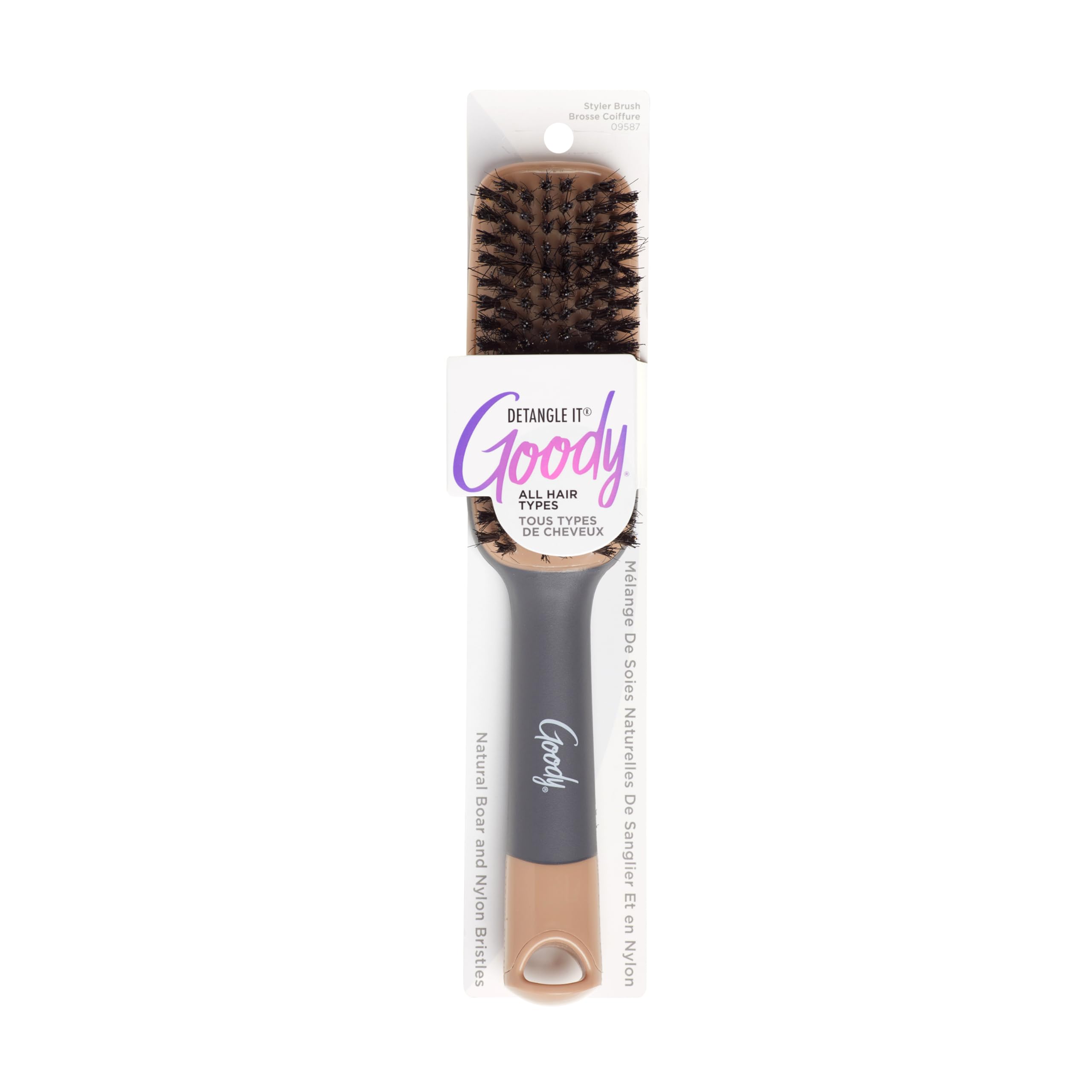 Goody Detangle It boar bristle brush gliding through hair for gentle detangling and shine