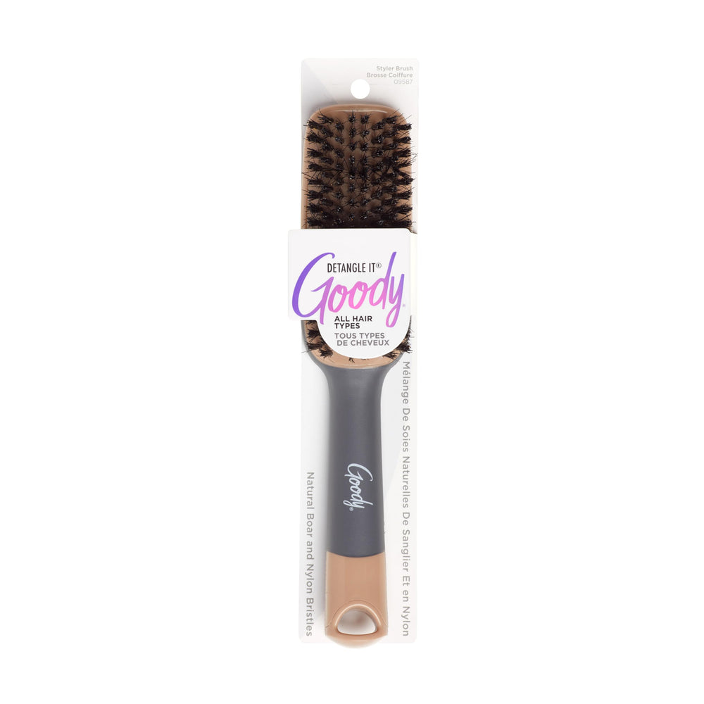 Goody Detangle It boar bristle brush gliding through hair for gentle detangling and shine