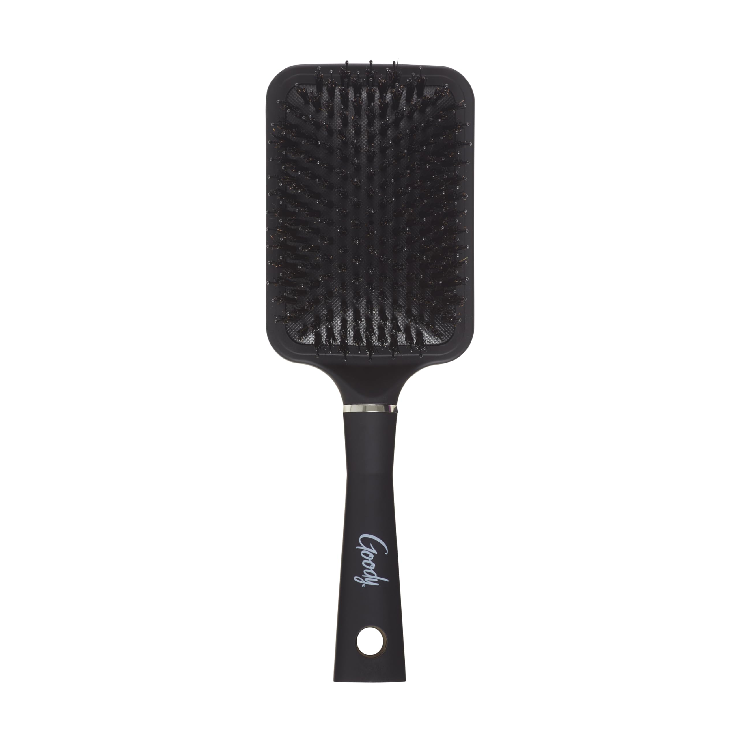 Goody Detangle It paddle brush shows nylon and boar bristles for detangling thick hair.
