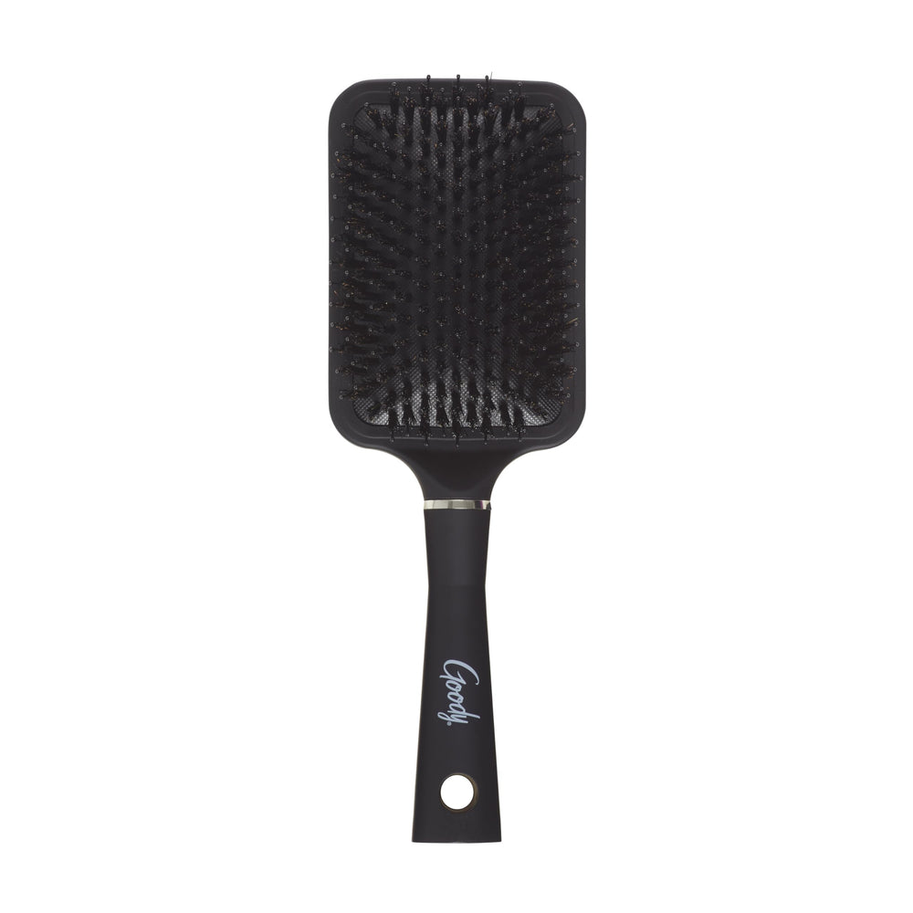 Goody Detangle It paddle brush shows nylon and boar bristles for detangling thick hair.