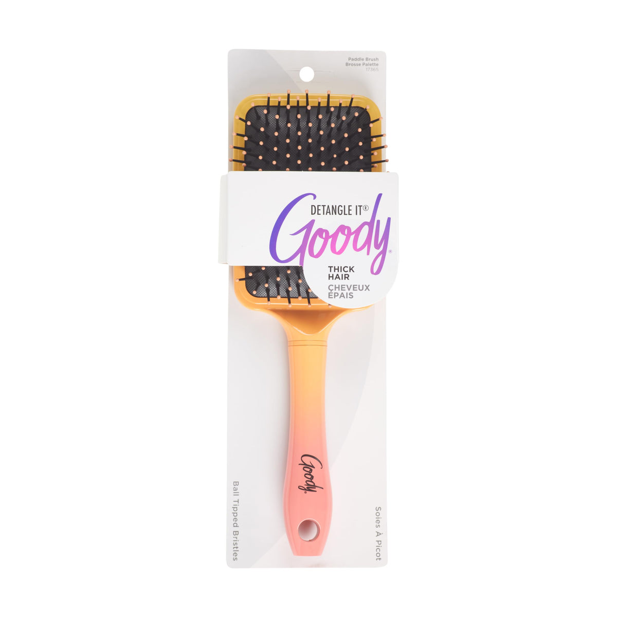 Goody Dream Detangle It paddle brush in ombre finish detangles knots without snagging.