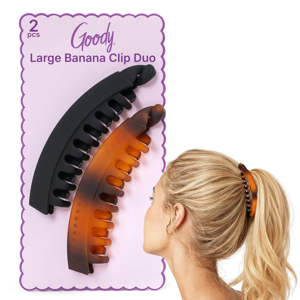 GOODY large banana clip in black provides secure, creaseless hold for busy mornings.