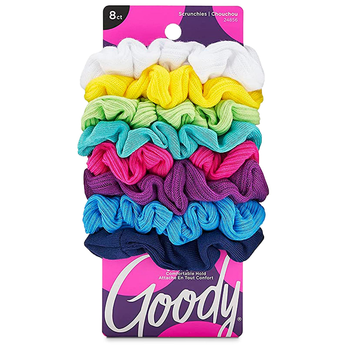 Goody Ouchless Jersey Scrunchies neon rainbow pack with soft fabric and secure hold.