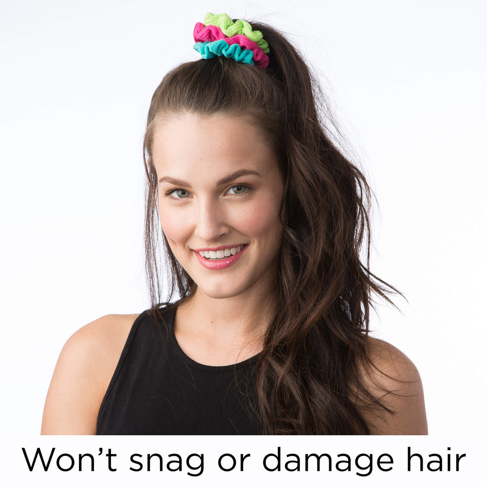 Top knot styling with Goody scrunchies delivering secure but gentle grip.