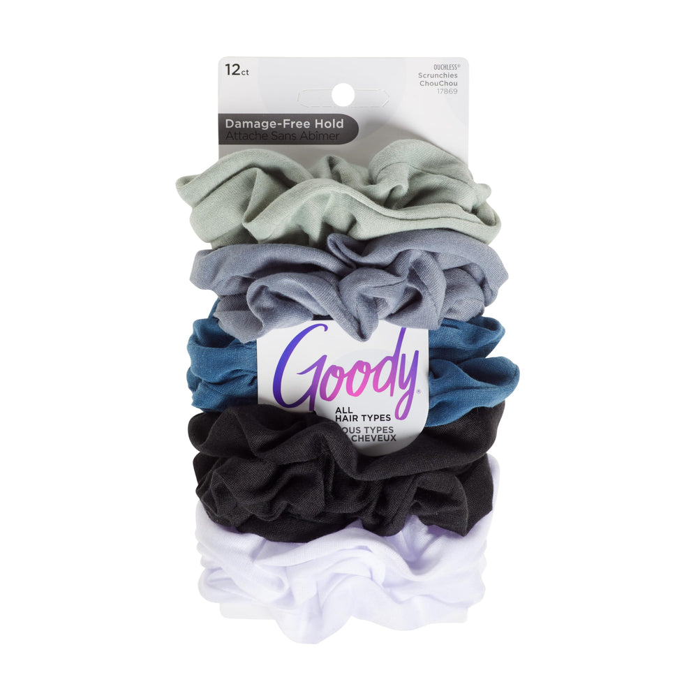 Goody Ouchless Scrunchies in cool tones with gentle, damage-free grip.