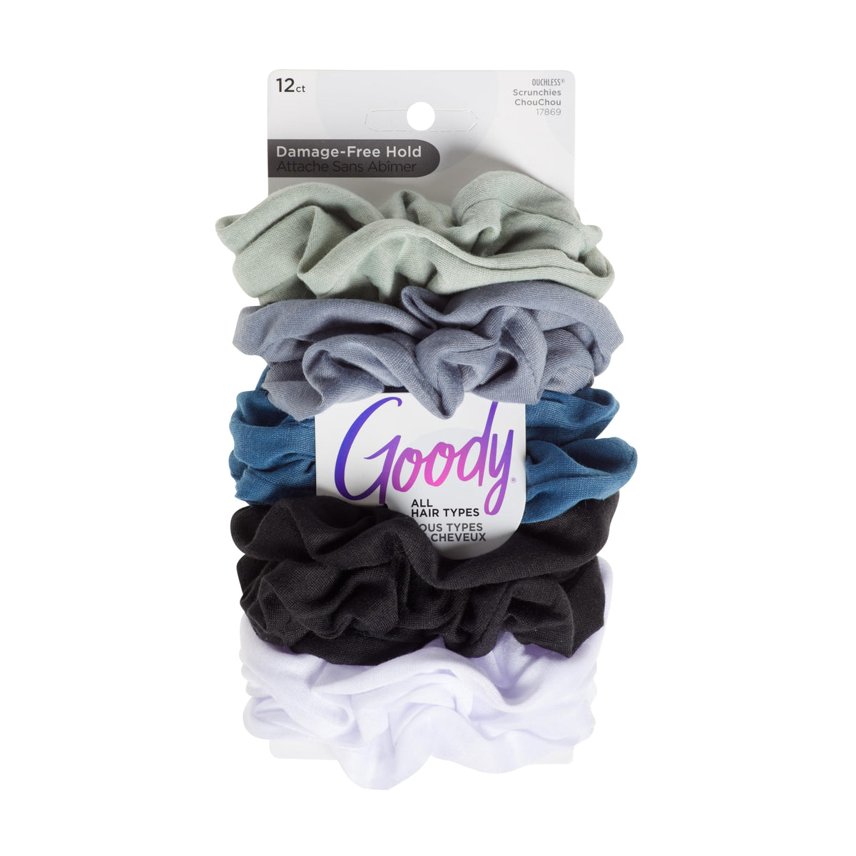 Goody Ouchless Scrunchies in cool tones with gentle, damage-free grip.