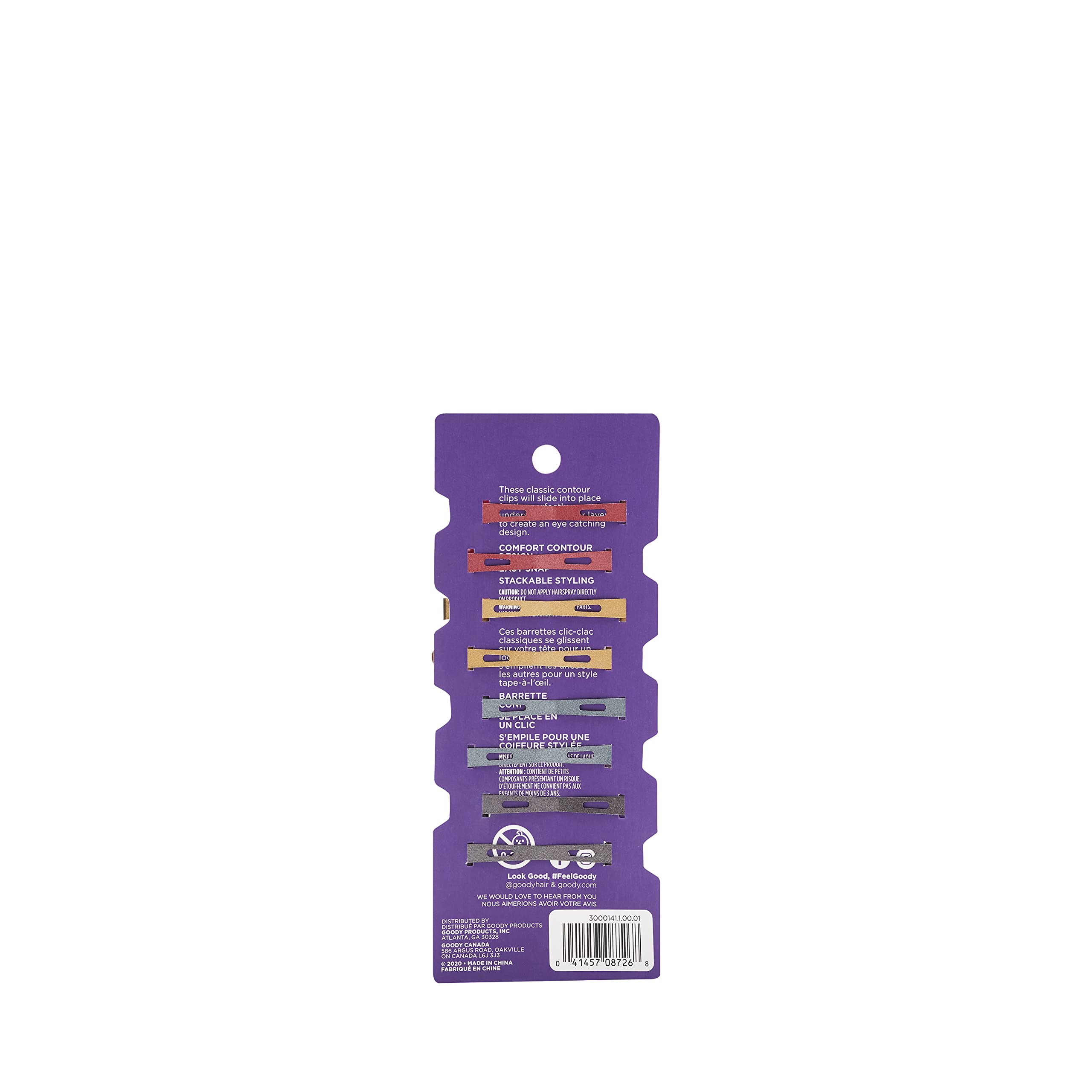 GOODY pinzas de contorno apilables, acabado metálico, muestran diseño elegante para peinados con capas.