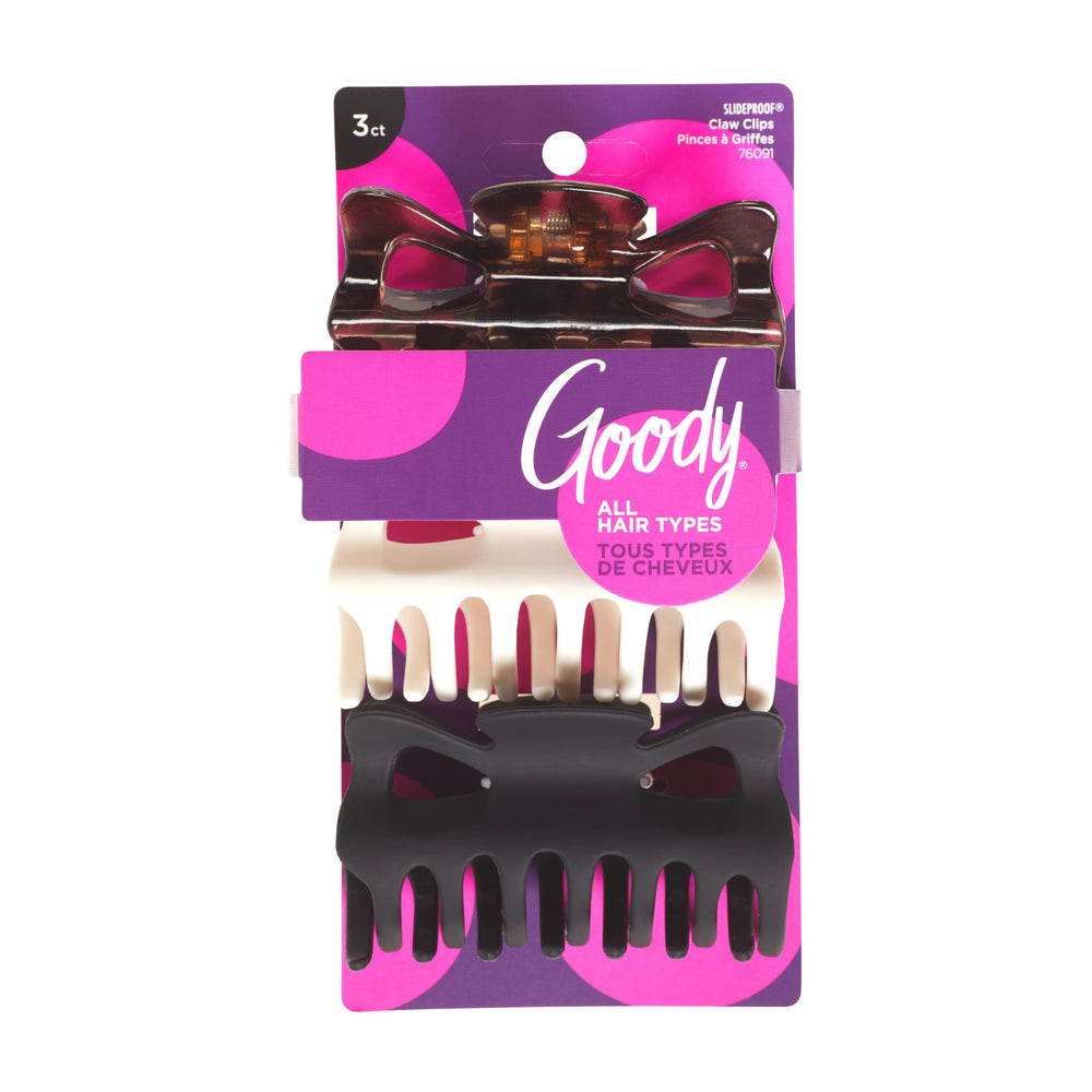 Goody SlideProof large claw clip in tortoise print offers secure all-day hold.
