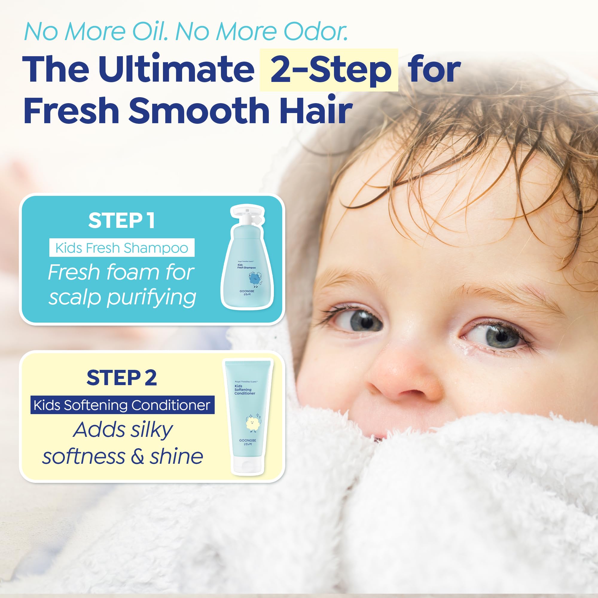 GOONGBE Kids Fresh Shampoo shown in a family bath-time scene.