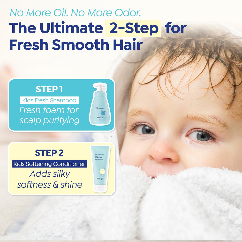 GOONGBE Kids Fresh Shampoo shown in a family bath-time scene.